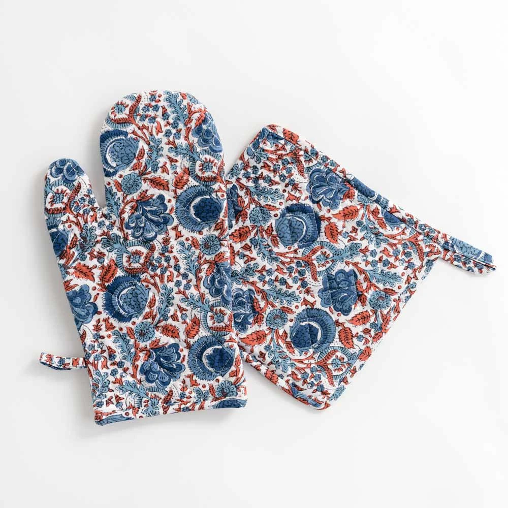 Bohemian Floral Blues & Paprika Oven Mitt Set 3 Bohemian Floral Blues & Paprika Oven Mitt Set