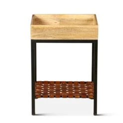 San Antonio 12" Mango Wood, Iron, And Cognac Leather Side Table