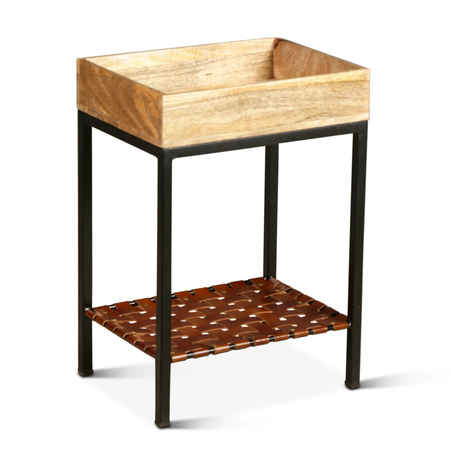 San Antonio 12" Mango Wood, Iron, And Cognac Leather Side Table 4 San Antonio 12" Mango Wood, Iron, And Cognac Leather Side Table - Image 2