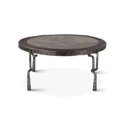 Rustic Revival Industrial Wagon Wheel Coffee Table With Marble Inlay