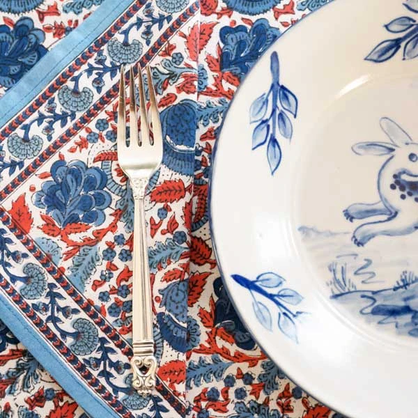 Bohemian Floral Blues & Paprika Napkin | Set Of 4 6 Bohemian Floral Blues & Paprika Napkin | Set Of 4 - Image 4