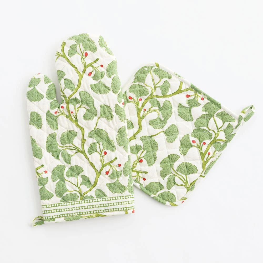 Spring Ginkgo Oven Mitt Set 3 Spring Ginkgo Oven Mitt Set