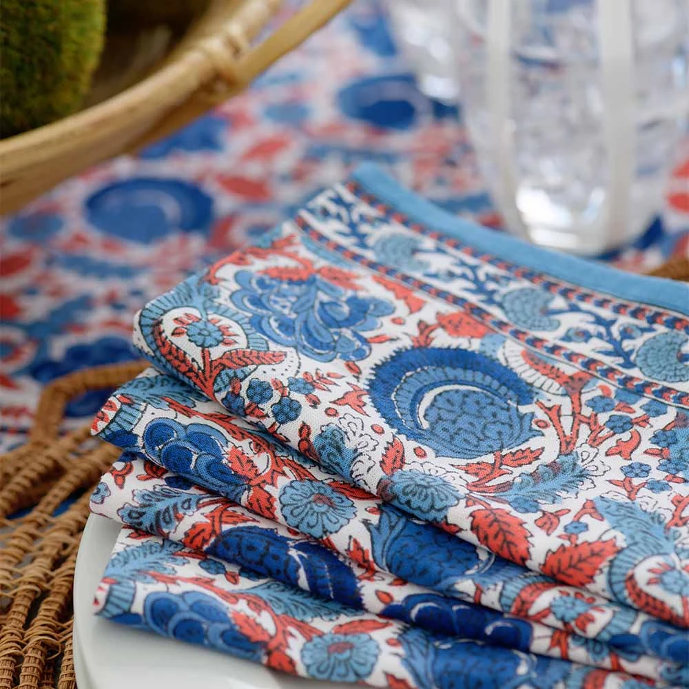 Bohemian Floral Blues & Paprika Napkin | Set Of 4 4 Bohemian Floral Blues & Paprika Napkin | Set Of 4 - Image 2