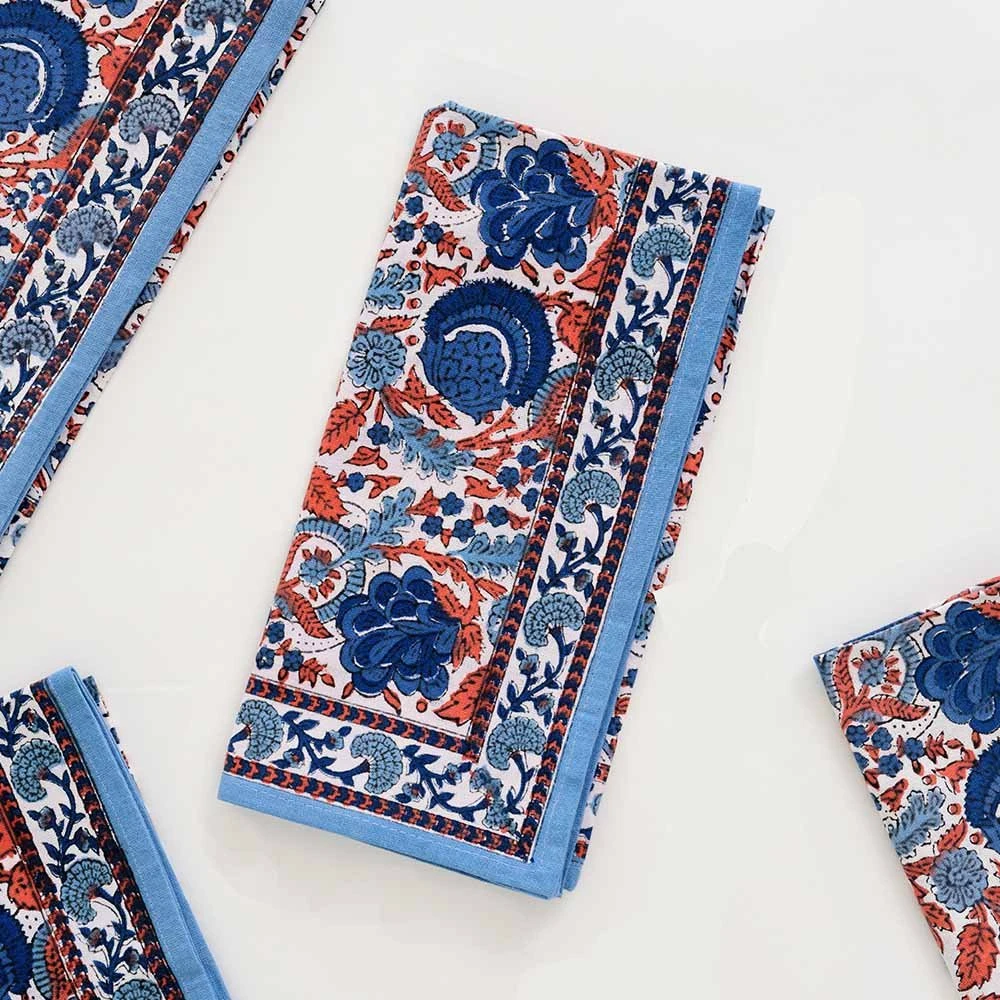 Bohemian Floral Blues & Paprika Napkin | Set Of 4 3 Bohemian Floral Blues & Paprika Napkin | Set Of 4