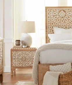 Haveli Mango Wood Geometric Carved Night Chest -Household Items Series bignight