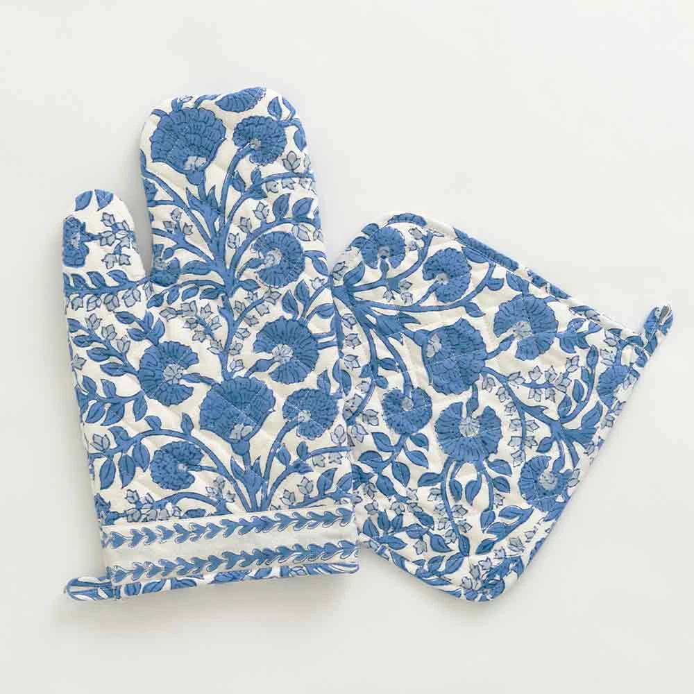 Cactus Flower Blue Oven Mitt Set 3 Cactus Flower Blue Oven Mitt Set